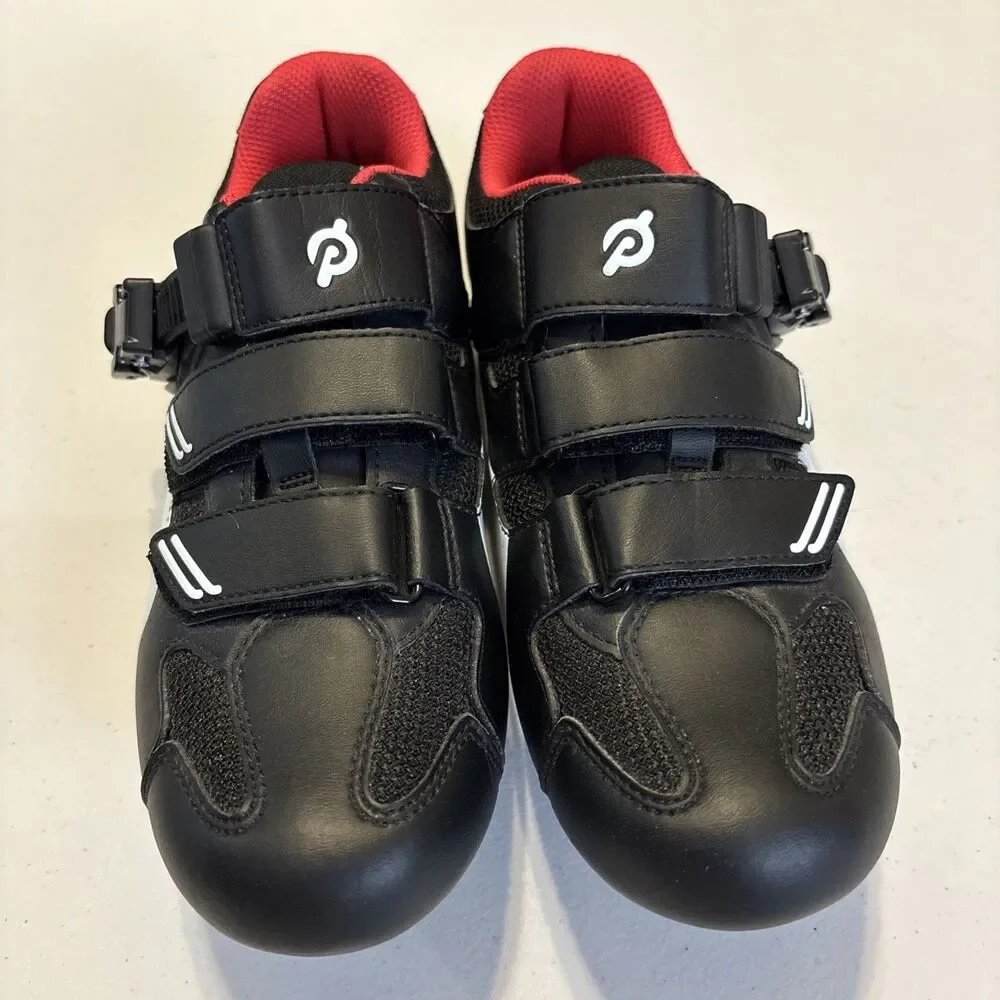 Women's Size 7 (38 EU) Peloton Cycling Shoes Black White Red EUC - Picture 1 of 8